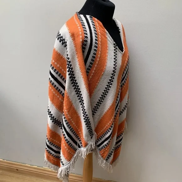 Vintage 70s poncho white orange fringed - Picture 12 of 14